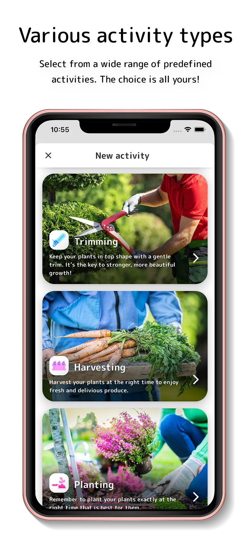 Activity types screen